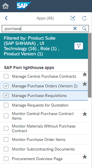 A drop down menu in SAP Fiori showing all the available SAP Fiori apps that relate to 'purchasing'