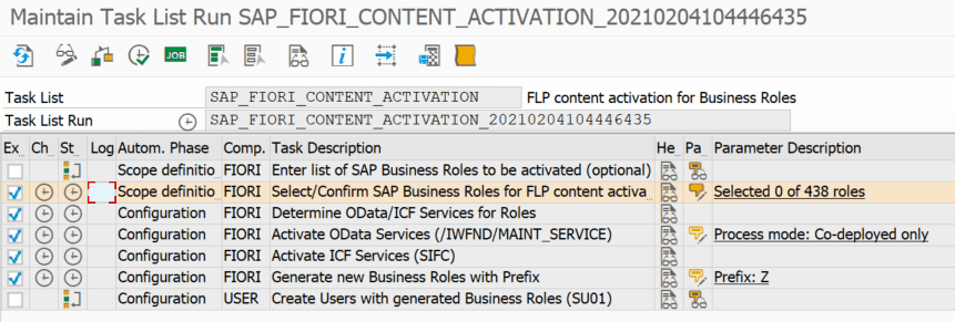 SAP Fiori app content activation task list run where we will be able to scope task lists for selected business role and generate test users