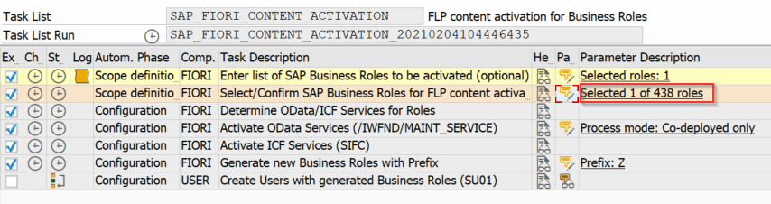 A task list being verified and clicking on the parameter icon